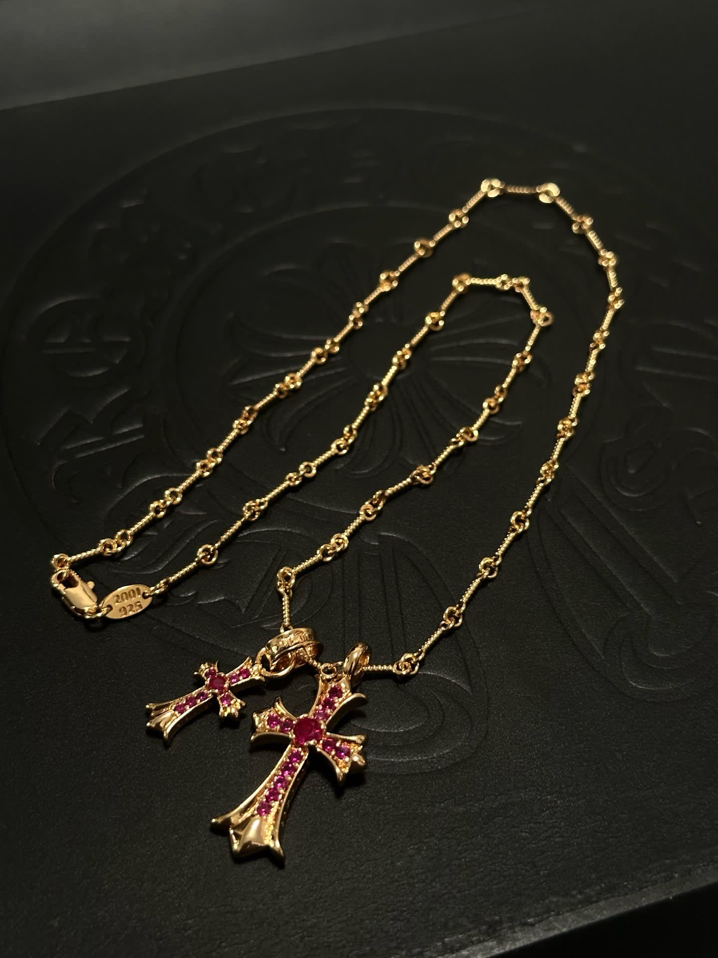 Chrome Hearts Gold Plated Cross Pendant with Ruby Stones